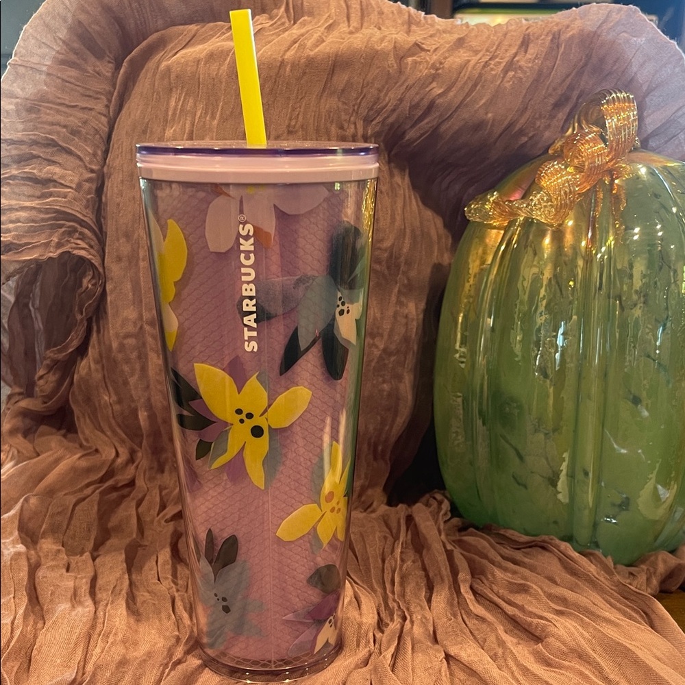 Starbucks Purple Floral Tumbler with Yellow Straw